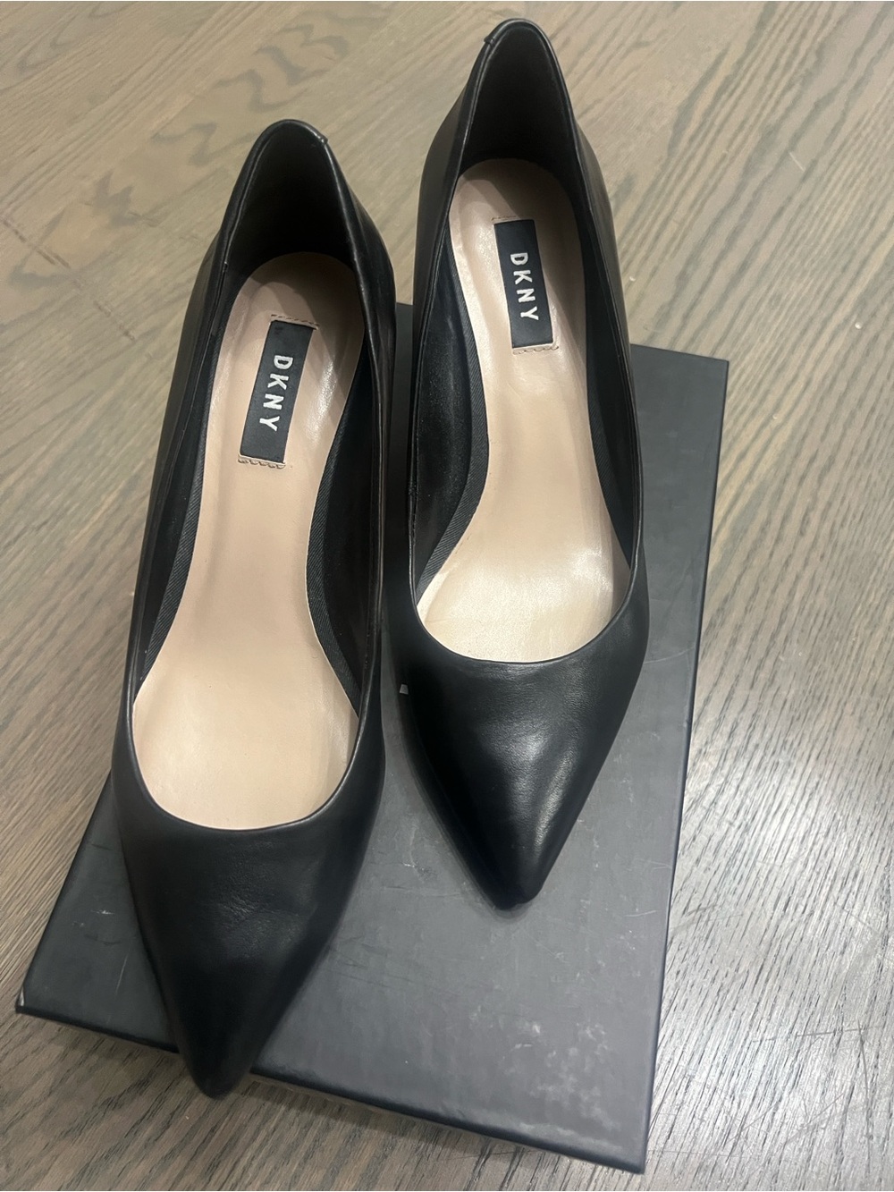 DKNY Black Heeled Sandals with Gold Accent